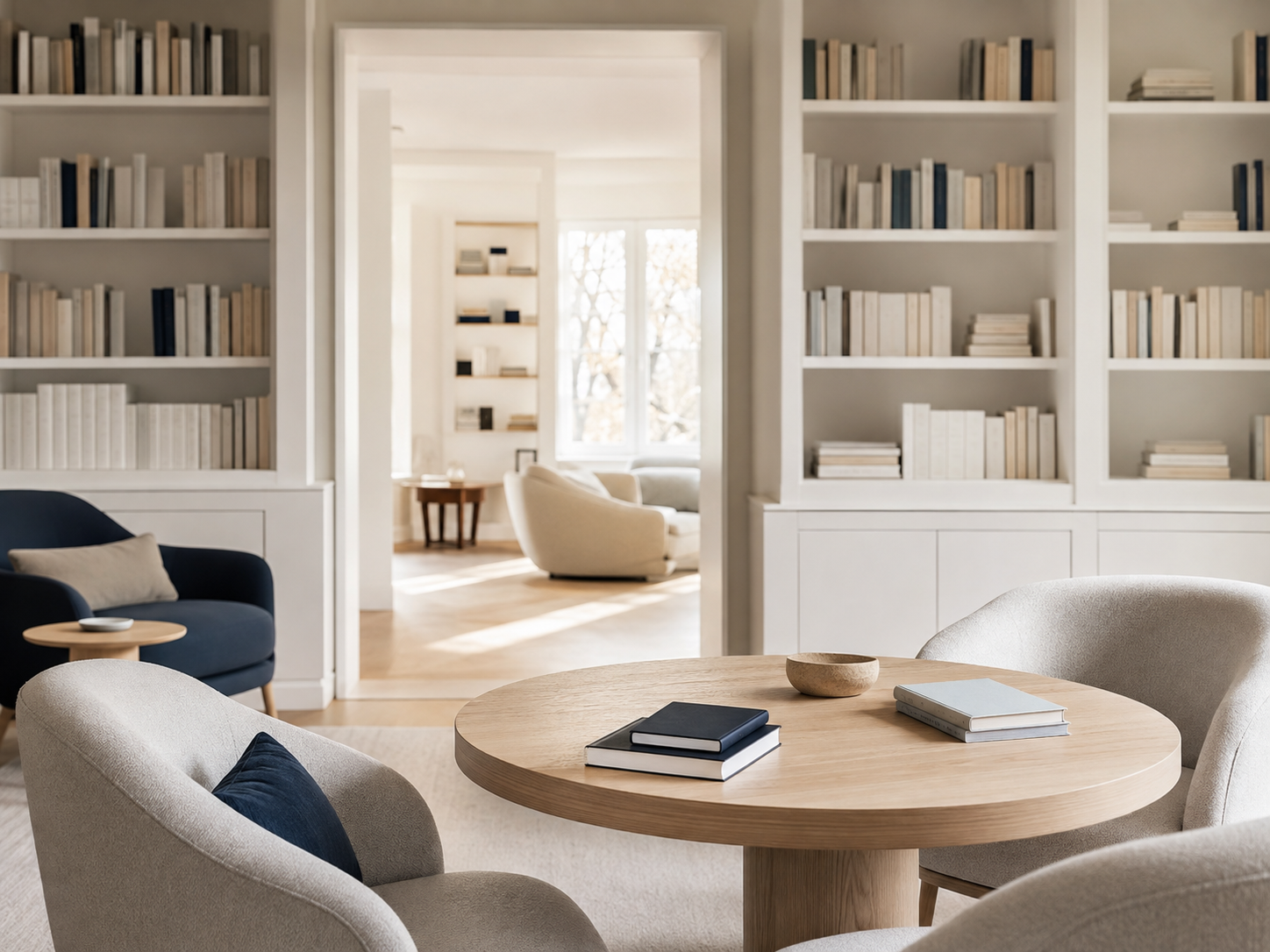 Salle contemporaine de lecture et de rencontre en blanc, bleu clair et bleu marine